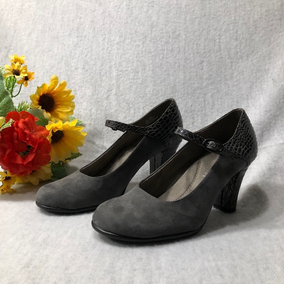 Gray Suede/Croc Heeled Mary Jane Pumps - Picture 3 of 16